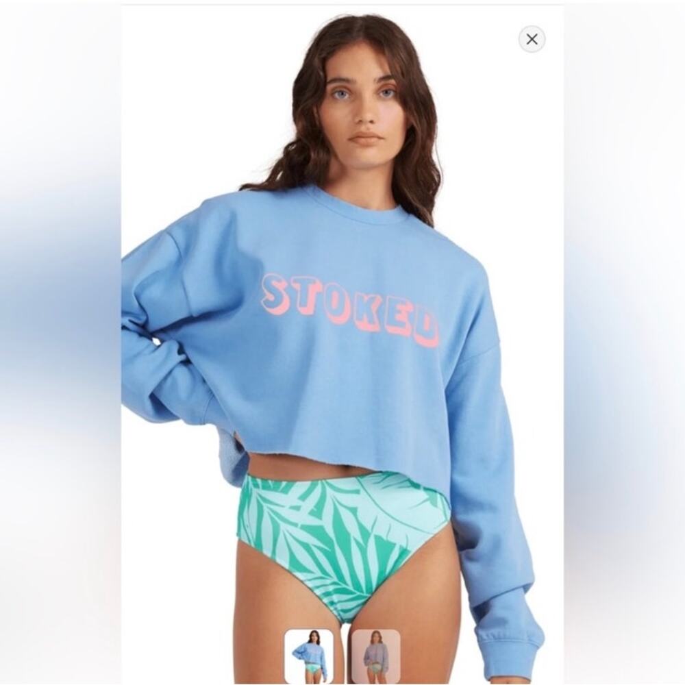 Billabong Stoked Cropped Long Sleeve Sweatshirt Blue Pink Medium Surf Core Beach
